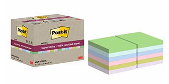 Notes Post-it® Super Sticky recyclées dans un emballage écologique
