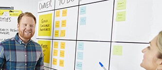 Des collègues de travail analysent une liste de tâches créée sur une surface de tableau blanc facile à effacer Post-it® avec des notes Post-it®.
