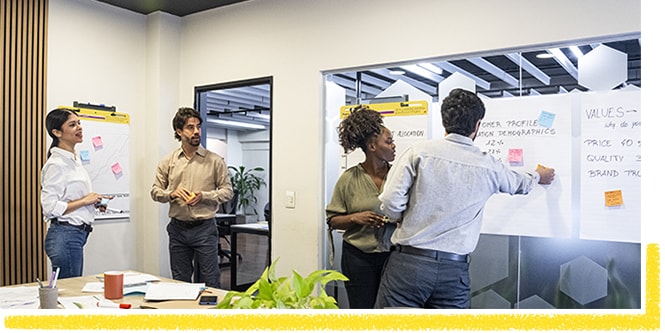 Un groupe de collègues de travail collaborant avec des notes Post-it® et des Meeting Charts Post-it®
